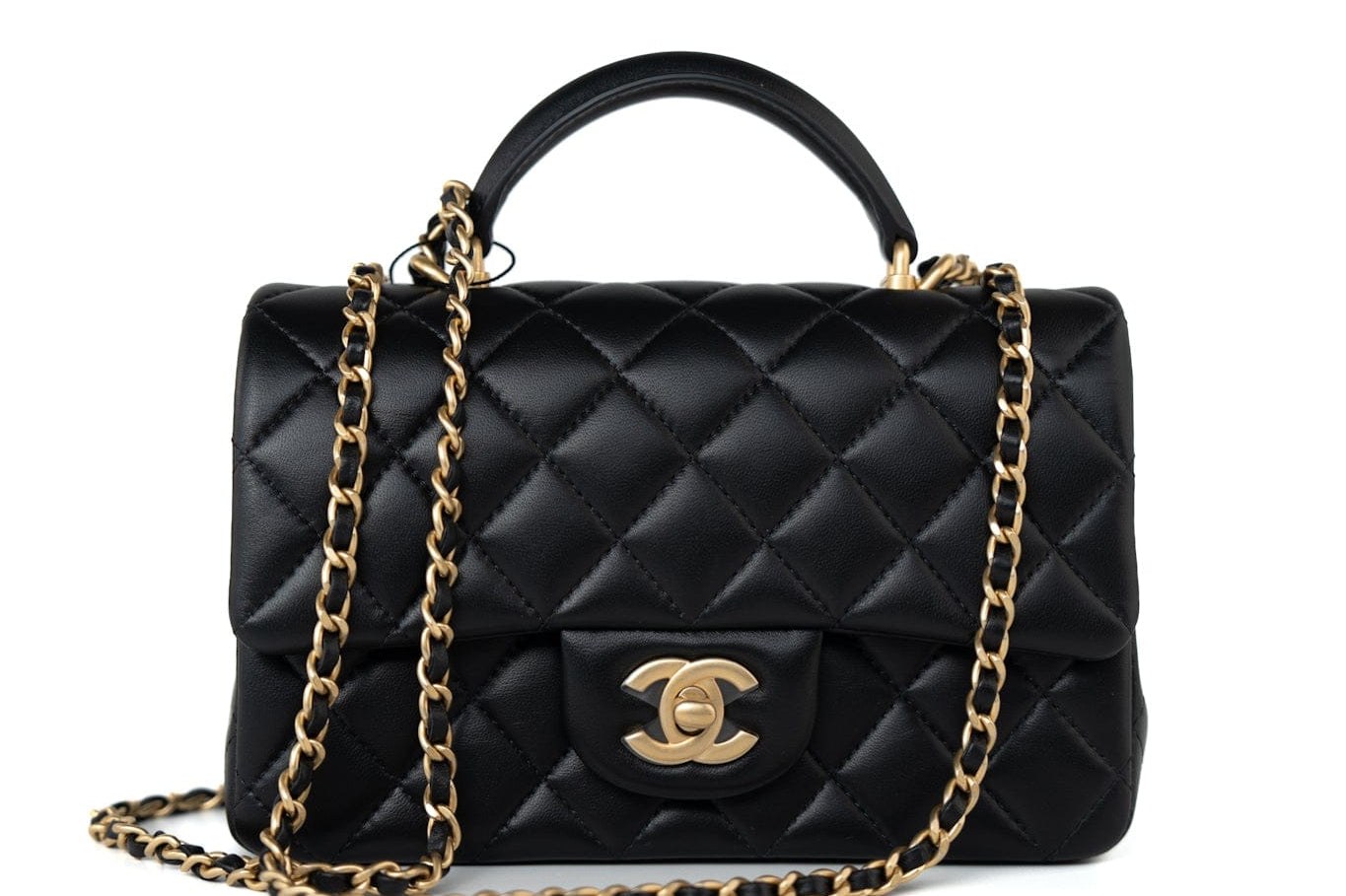 CHANEL Handbag 21A Black Lambskin Quilted Mini Top Handle Antique Gold Hardware -Knockoff
