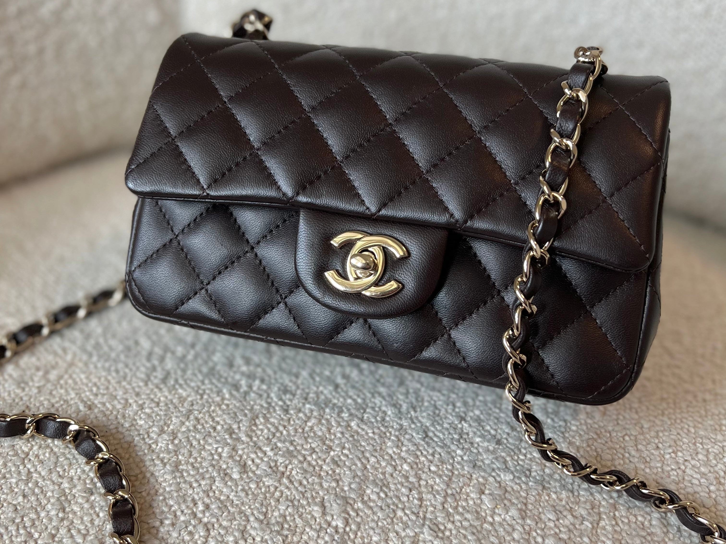 CHANEL Handbag 21A Dark Brown Lambskin Quilted Mini Rectangular Single Flap Light Gold Hardware -Knockoff
