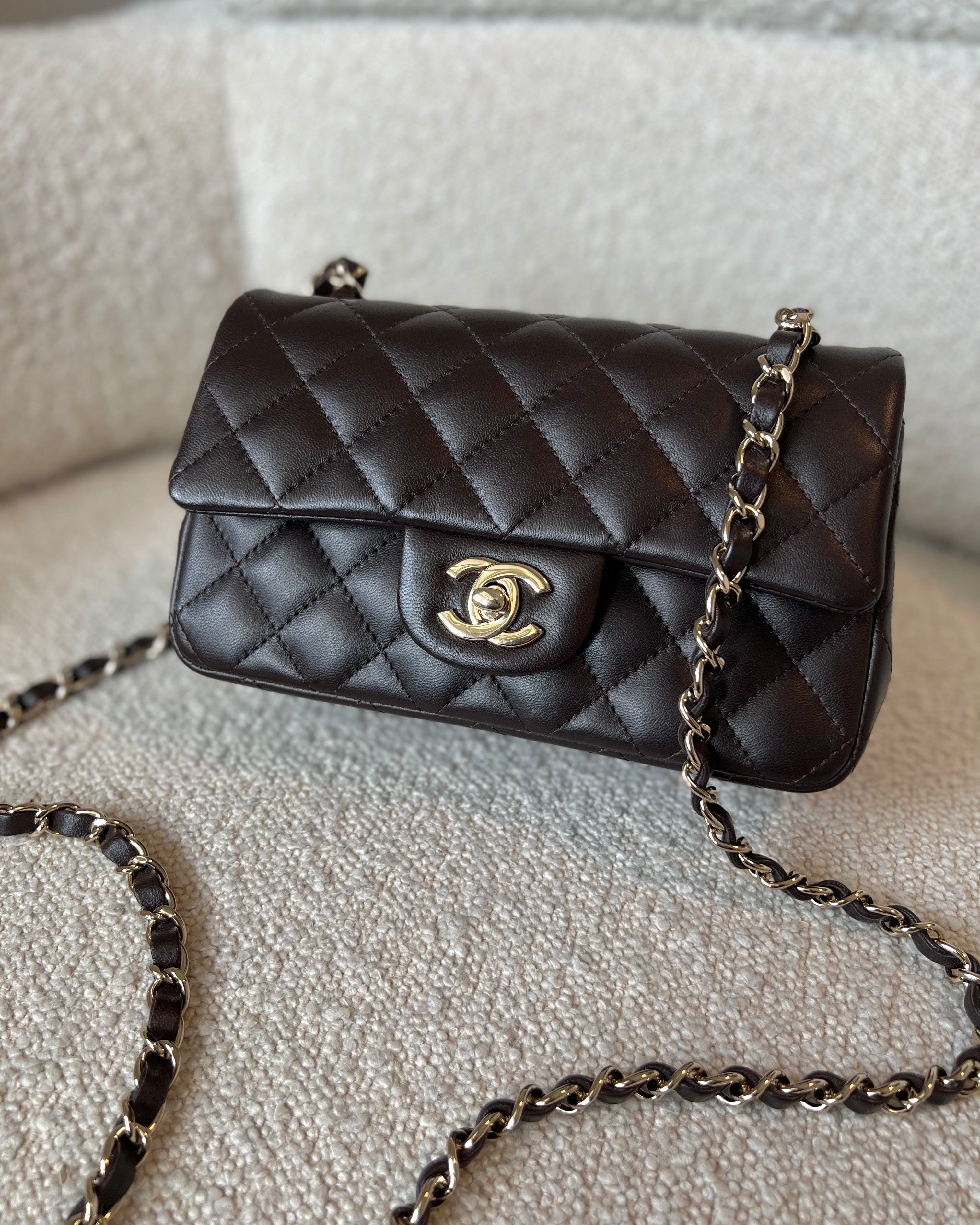 CHANEL Handbag 21A Dark Brown Lambskin Quilted Mini Rectangular Single Flap Light Gold Hardware -Knockoff
