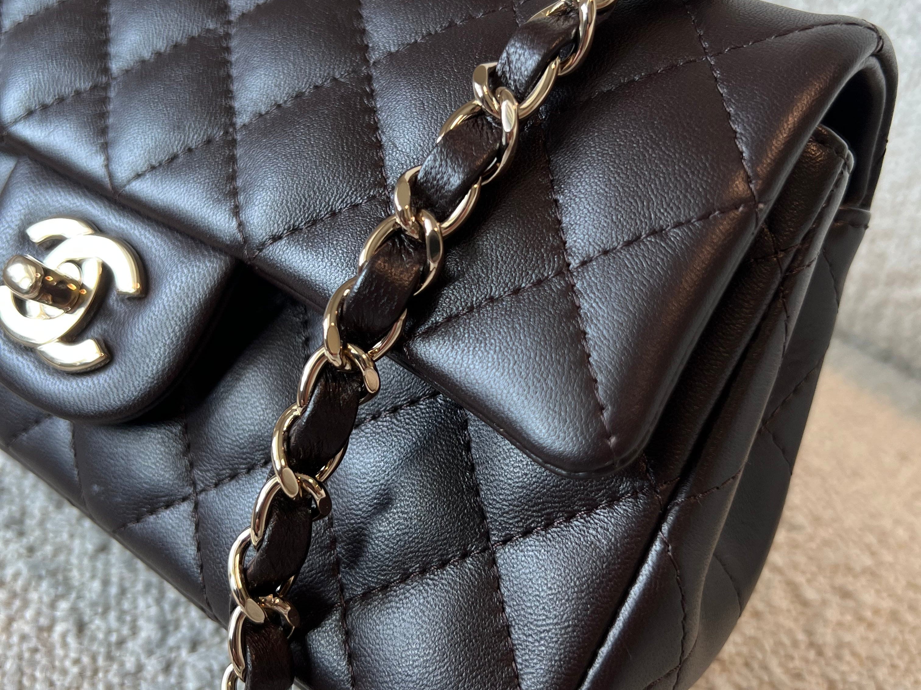 CHANEL Handbag 21A Dark Brown Lambskin Quilted Mini Rectangular Single Flap Light Gold Hardware -Knockoff
