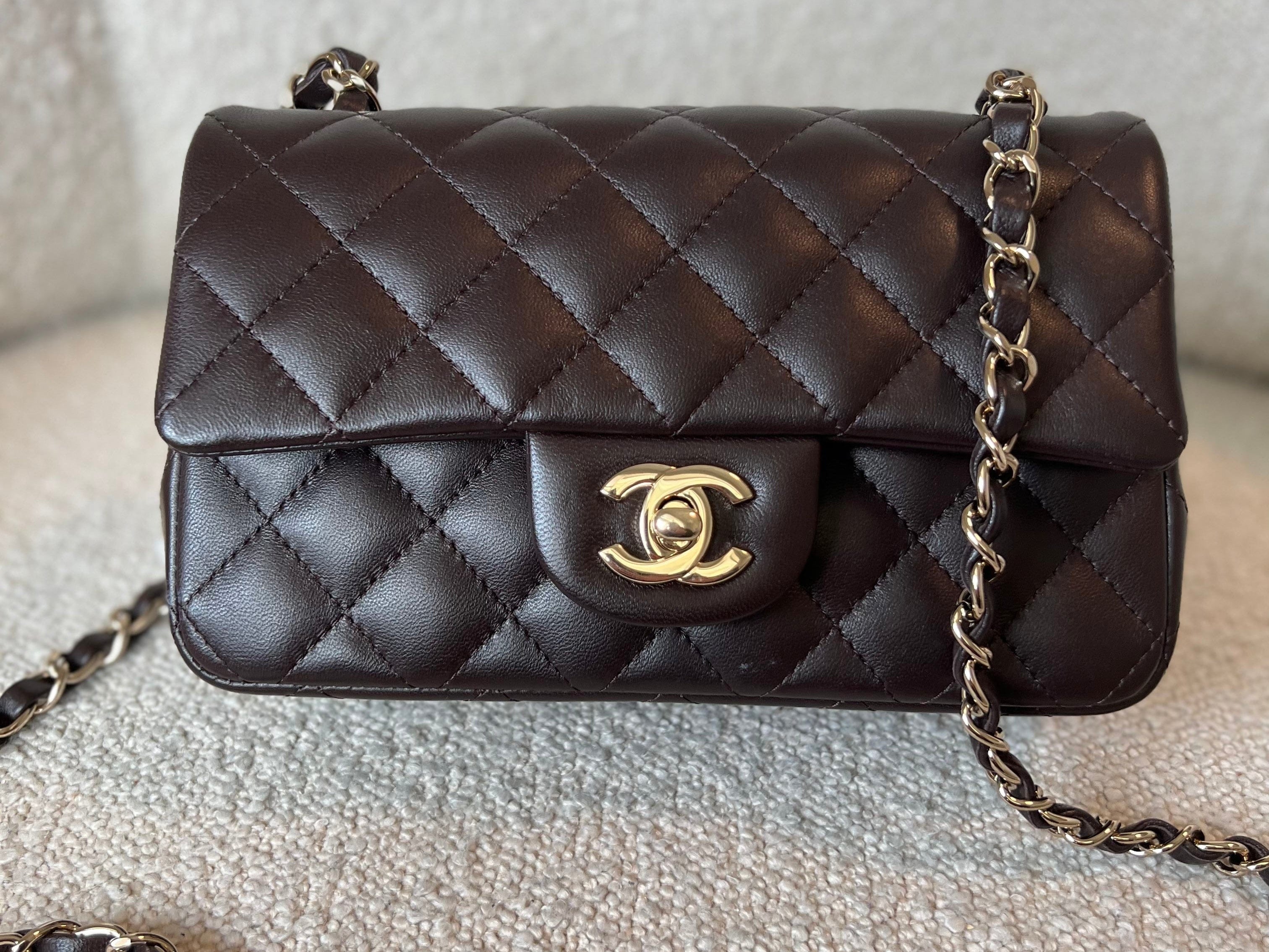 CHANEL Handbag 21A Dark Brown Lambskin Quilted Mini Rectangular Single Flap Light Gold Hardware -Knockoff
