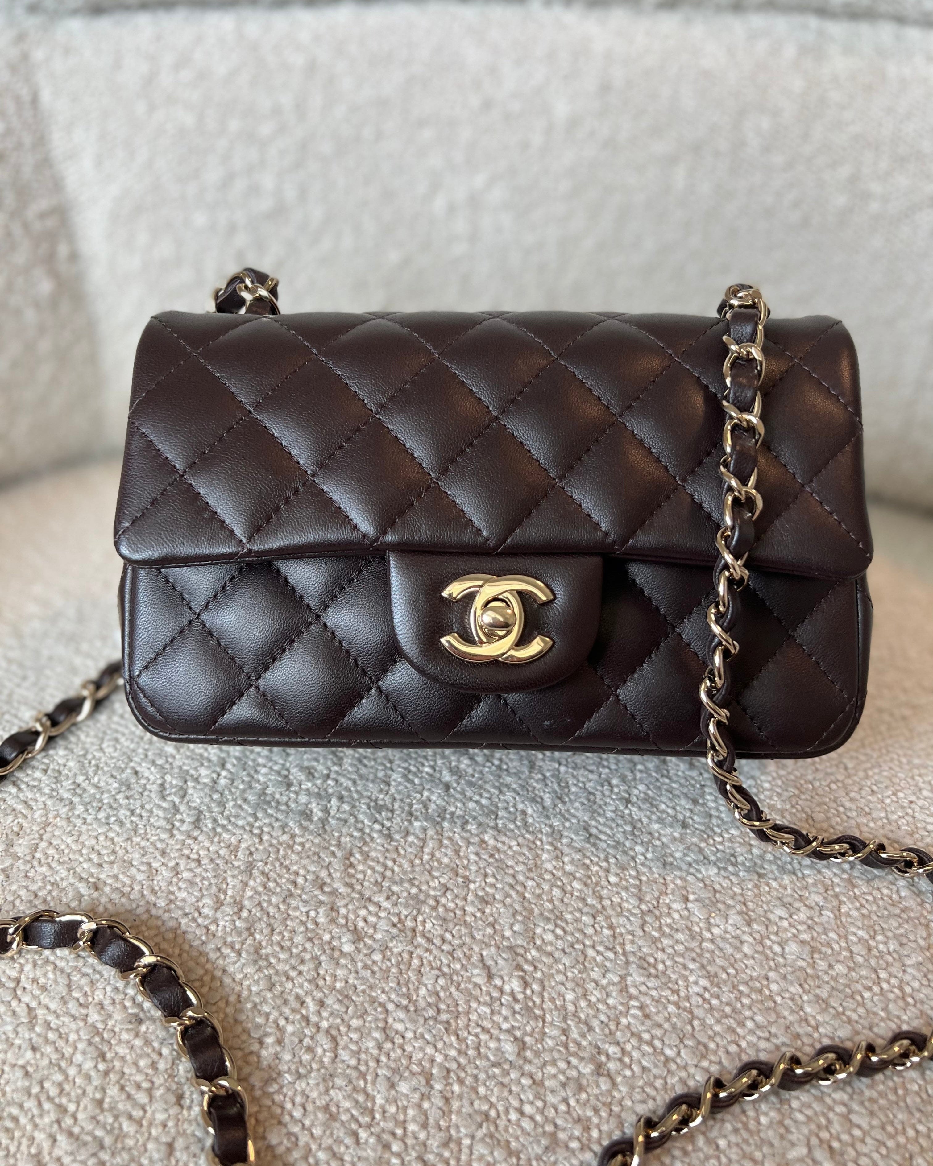 CHANEL Handbag 21A Dark Brown Lambskin Quilted Mini Rectangular Single Flap Light Gold Hardware -Knockoff
