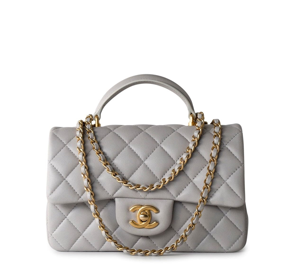 CHANEL Handbag 21A Grey Lambskin Quilted Mini Top Handle Antique Gold Hardware -Knockoff
