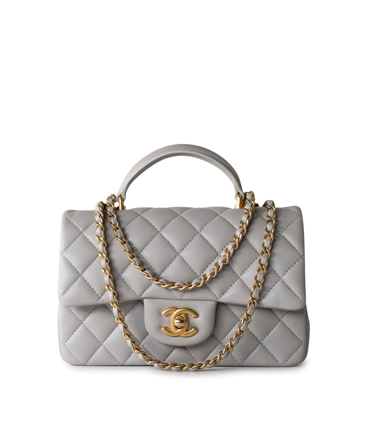 CHANEL Handbag 21A Grey Lambskin Quilted Mini Top Handle Antique Gold Hardware -Knockoff
