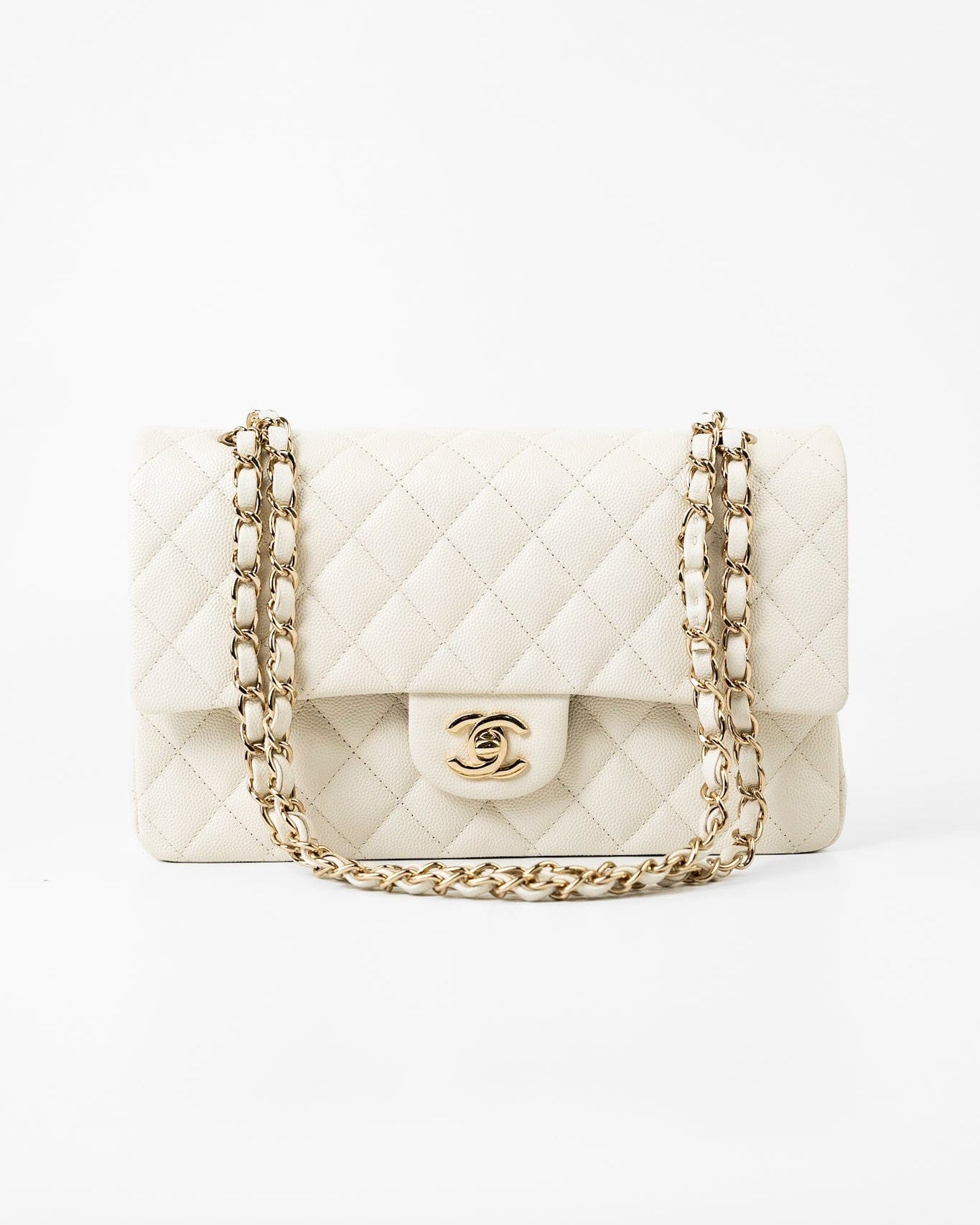 CHANEL Handbag 21A White/ Ivory Caviar Quilted Classic Flap Medium Light Gold Hardware -Knockoff
