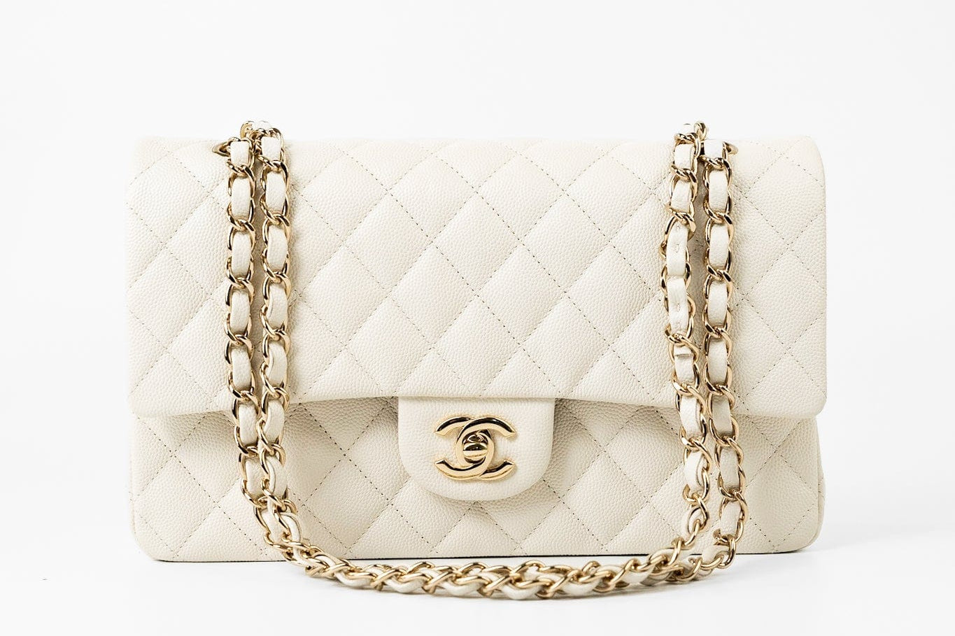 CHANEL Handbag 21A White/ Ivory Caviar Quilted Classic Flap Medium Light Gold Hardware -Knockoff
