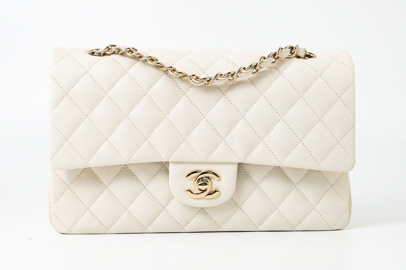 CHANEL Handbag 21A White/ Ivory Caviar Quilted Classic Flap Medium Light Gold Hardware -Knockoff
