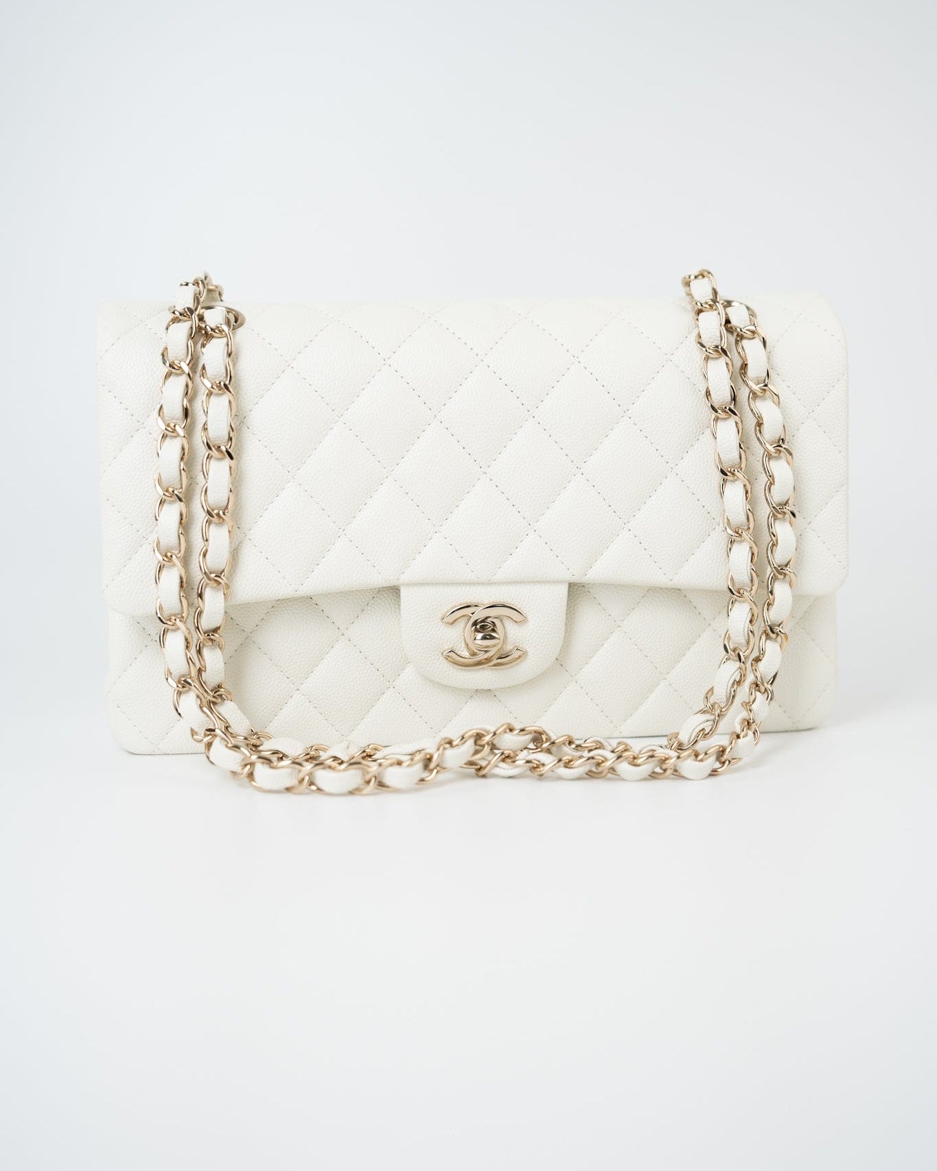 CHANEL Handbag 21A White/ Ivory Caviar Quilted Classic Flap Medium Light Gold Hardware -Knockoff
