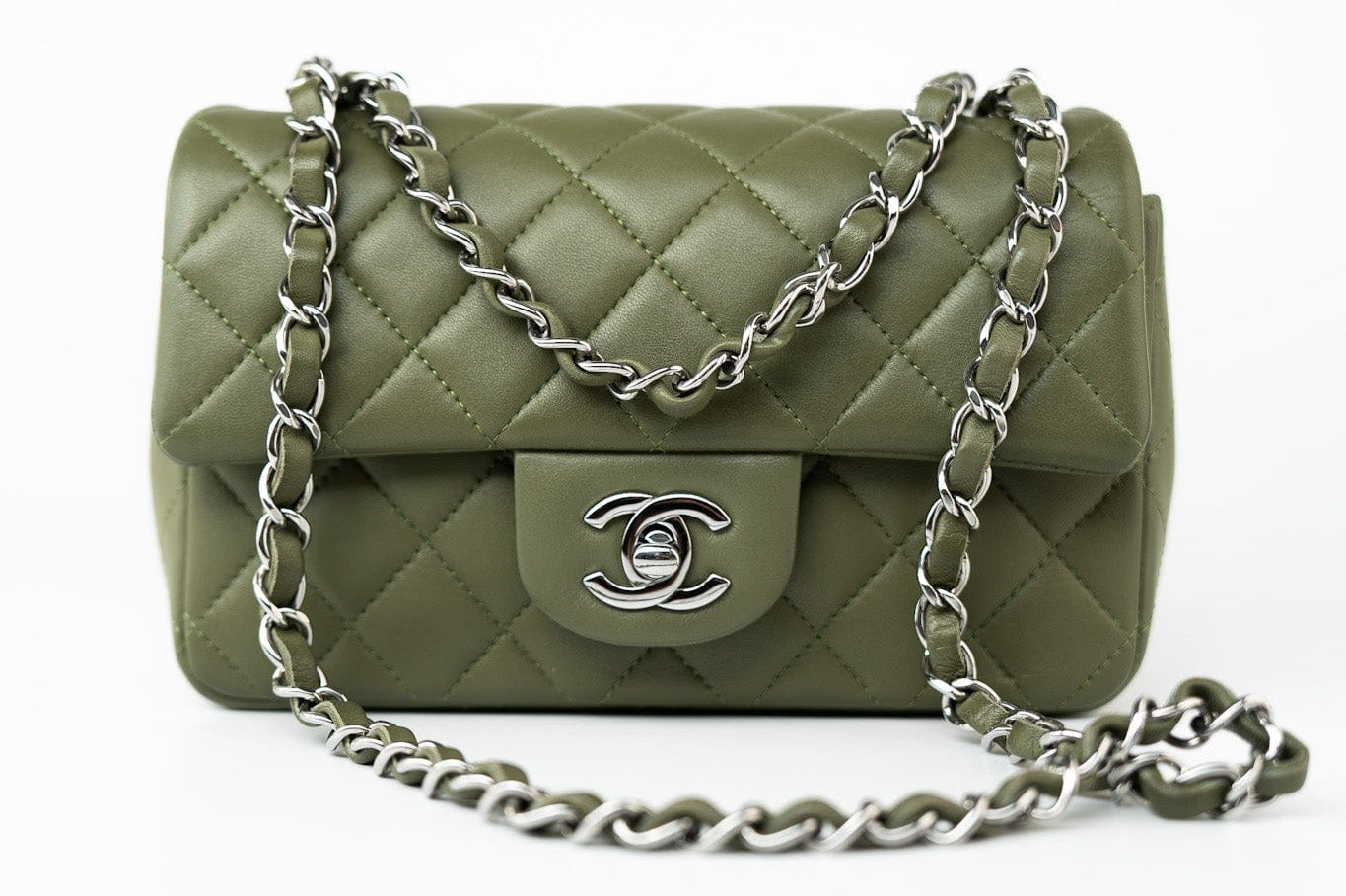 CHANEL Handbag 21B Military Green Lambskin Quilted Mini Rectangular Single Silver Hardware -Knockoff
