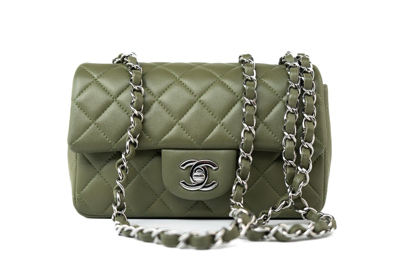 CHANEL Handbag 21B Military Green Lambskin Quilted Mini Rectangular Single Silver Hardware -Knockoff
