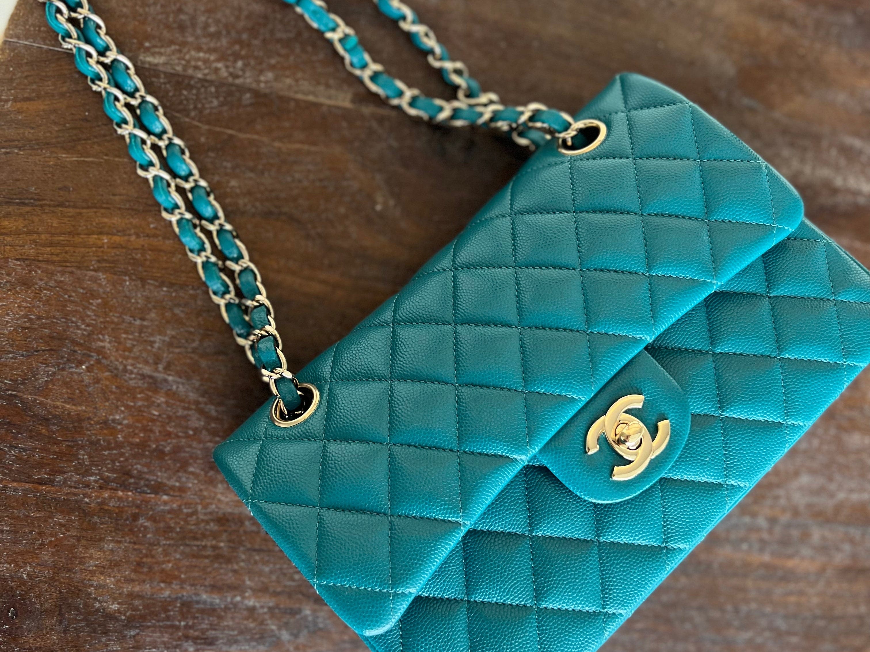 CHANEL Handbag 21C Dark Teal Caviar Quilted Classic Double Flap Small Light Gold Hardware -Knockoff
