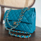 CHANEL Handbag 21C Dark Teal Caviar Quilted Classic Double Flap Small Light Gold Hardware -Knockoff
