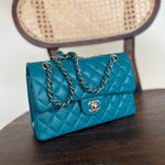 CHANEL Handbag 21C Dark Teal Caviar Quilted Classic Double Flap Small Light Gold Hardware -Knockoff
