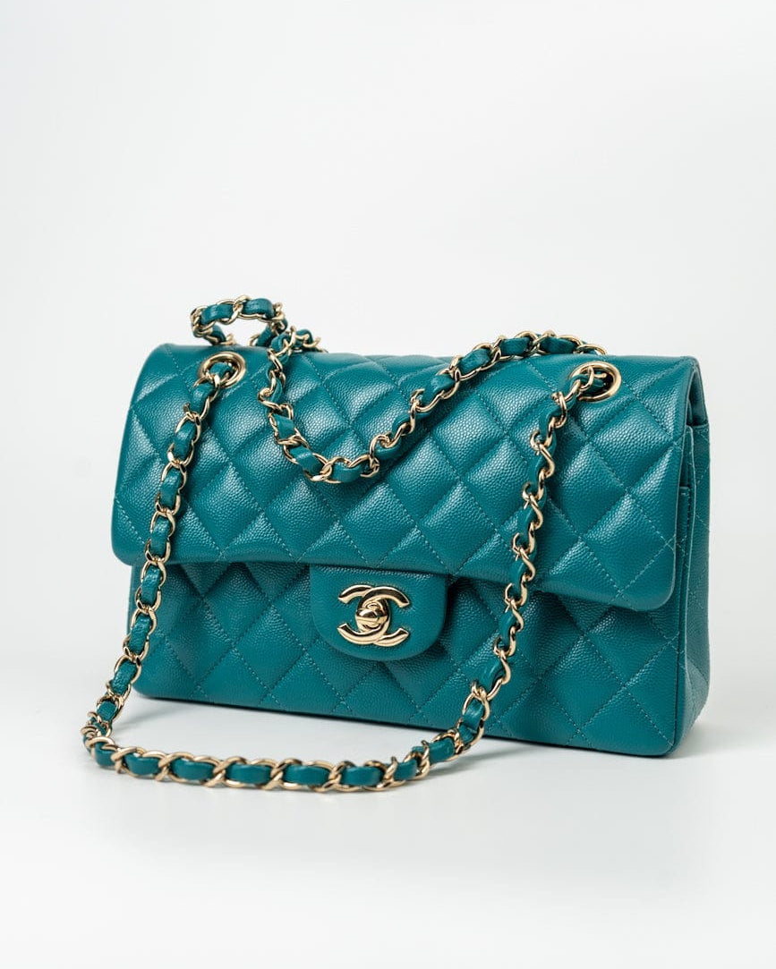 CHANEL Handbag 21C Dark Teal Caviar Quilted Classic Double Flap Small Light Gold Hardware -Knockoff
