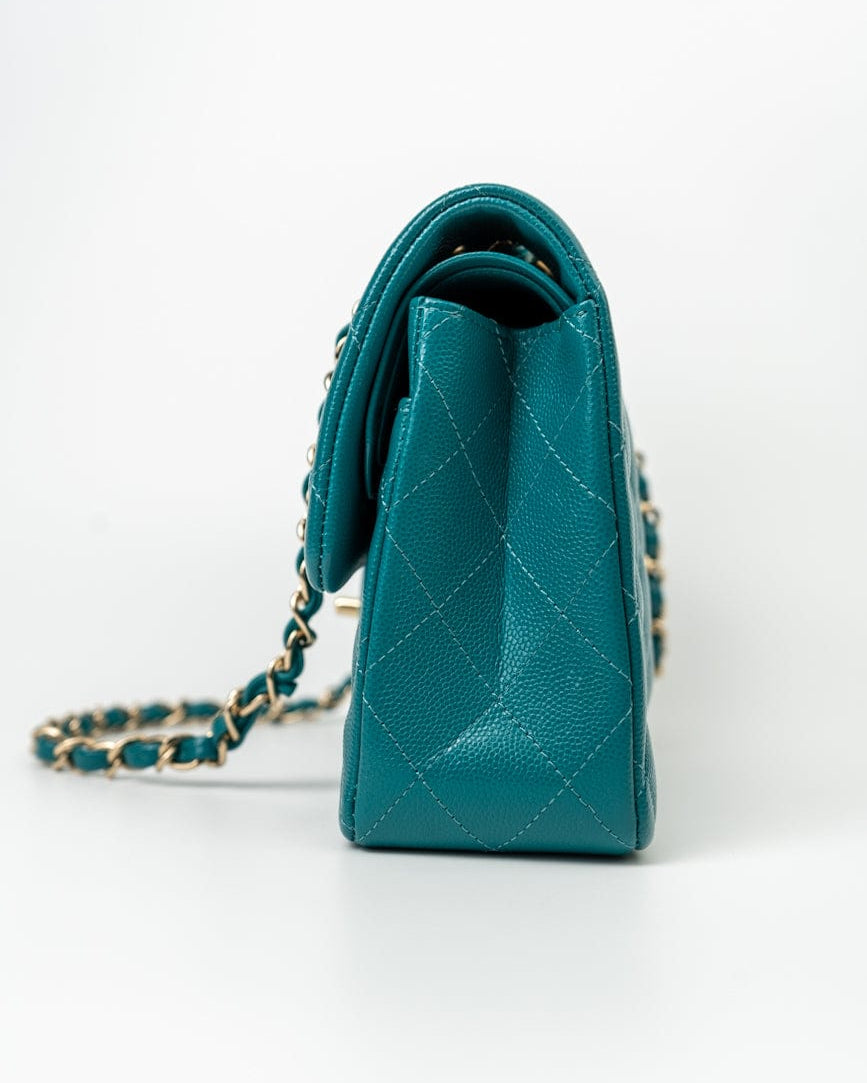 CHANEL Handbag 21C Dark Teal Caviar Quilted Classic Double Flap Small Light Gold Hardware -Knockoff
