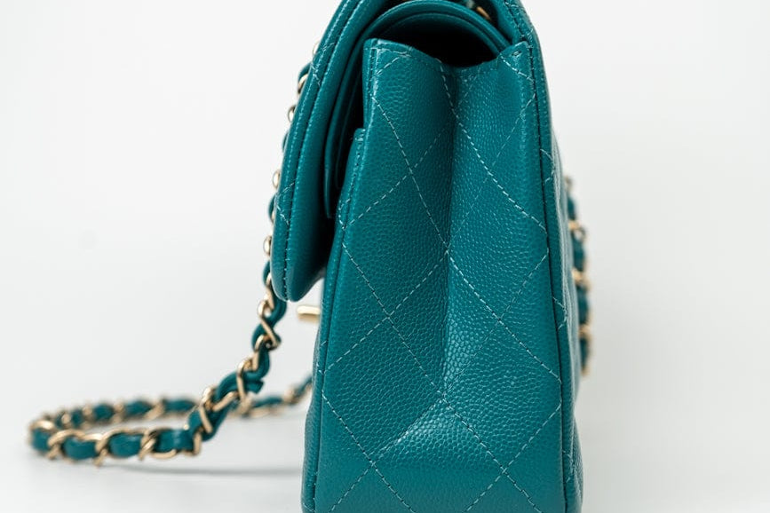 CHANEL Handbag 21C Dark Teal Caviar Quilted Classic Double Flap Small Light Gold Hardware -Knockoff
