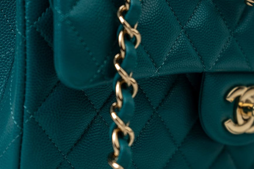 CHANEL Handbag 21C Dark Teal Caviar Quilted Classic Double Flap Small Light Gold Hardware -Knockoff
