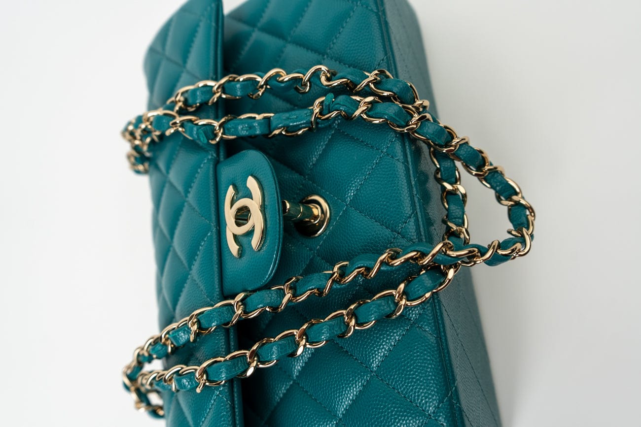 CHANEL Handbag 21C Dark Teal Caviar Quilted Classic Double Flap Small Light Gold Hardware -Knockoff
