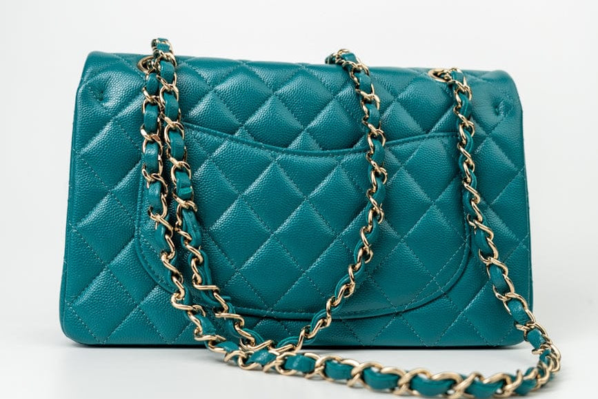 CHANEL Handbag 21C Dark Teal Caviar Quilted Classic Double Flap Small Light Gold Hardware -Knockoff
