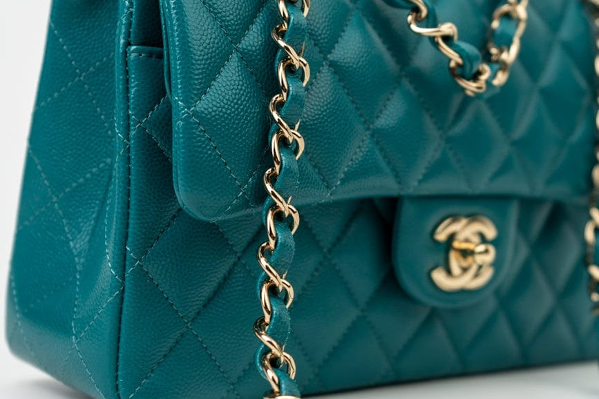 CHANEL Handbag 21C Dark Teal Caviar Quilted Classic Double Flap Small Light Gold Hardware -Knockoff
