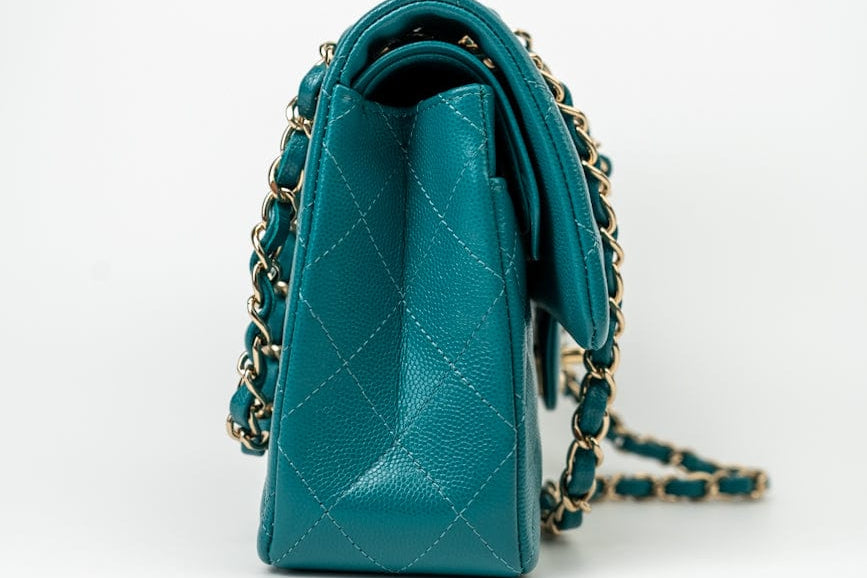 CHANEL Handbag 21C Dark Teal Caviar Quilted Classic Double Flap Small Light Gold Hardware -Knockoff
