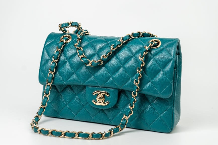 CHANEL Handbag 21C Dark Teal Caviar Quilted Classic Double Flap Small Light Gold Hardware -Knockoff
