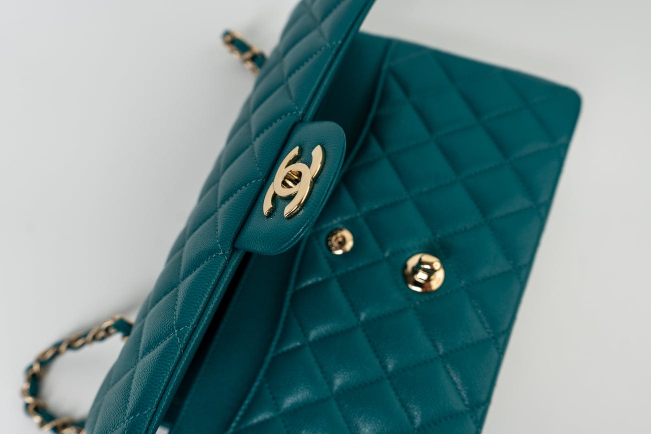 CHANEL Handbag 21C Dark Teal Caviar Quilted Classic Double Flap Small Light Gold Hardware -Knockoff
