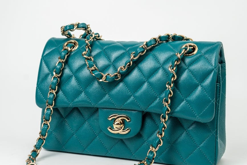 CHANEL Handbag 21C Dark Teal Caviar Quilted Classic Double Flap Small Light Gold Hardware -Knockoff
