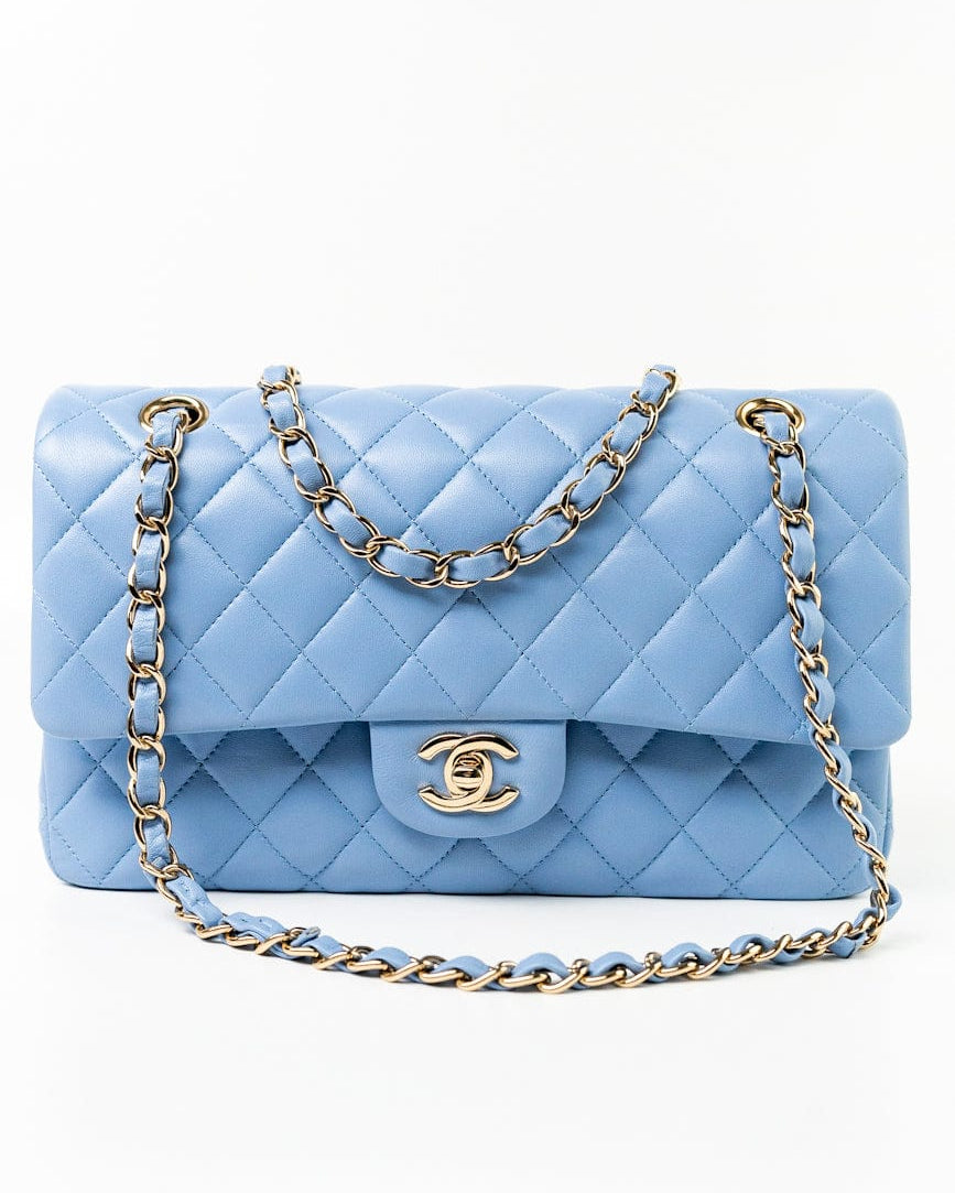 CHANEL Handbag 21C Sky Blue Lambskin Quilted Classic Flap Medium Light Gold Hardware -Knockoff
