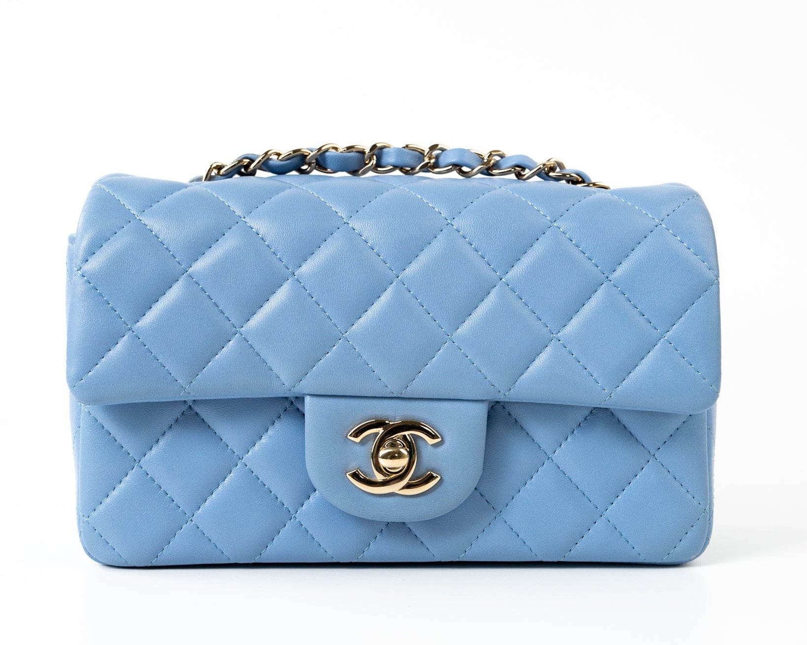 CHANEL Handbag 21C Sky Blue Lambskin Quilted Mini Rectangular Flap Light Gold Hardware -Knockoff
