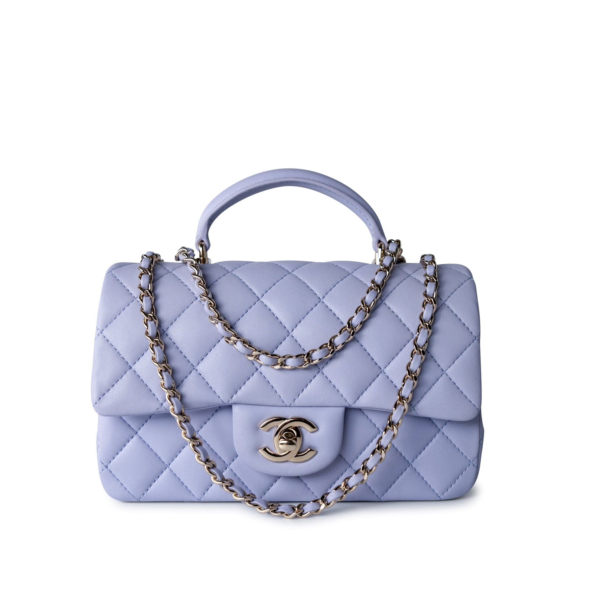 CHANEL Handbag 21k Lavender/ Light Purple Lambskin Quilted Mini Top Handle Light Gold Hardware -Knockoff
