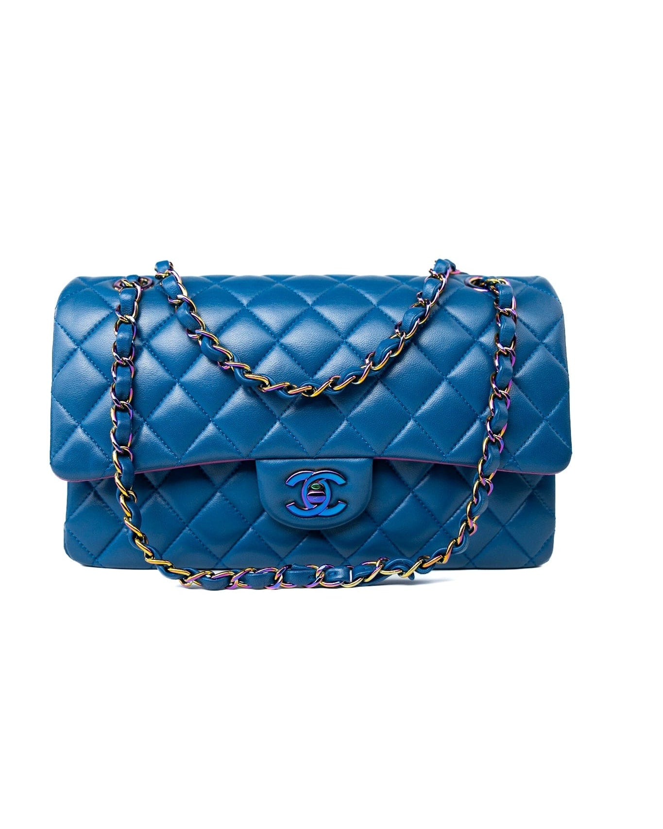 CHANEL Handbag 21P Blue Lambskin Quilted Classic Flap Medium Rainbow Hardware -Knockoff
