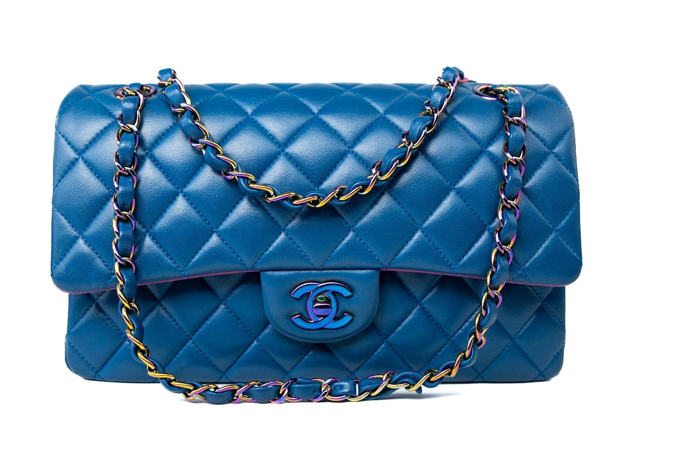 CHANEL Handbag 21P Blue Lambskin Quilted Classic Flap Medium Rainbow Hardware -Knockoff
