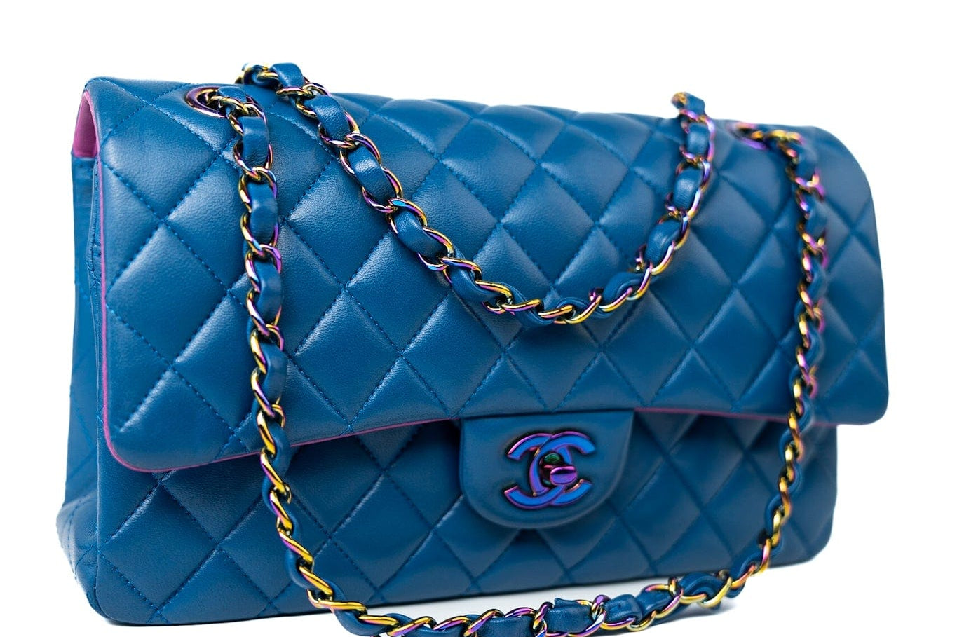 CHANEL Handbag 21P Blue Lambskin Quilted Classic Flap Medium Rainbow Hardware -Knockoff
