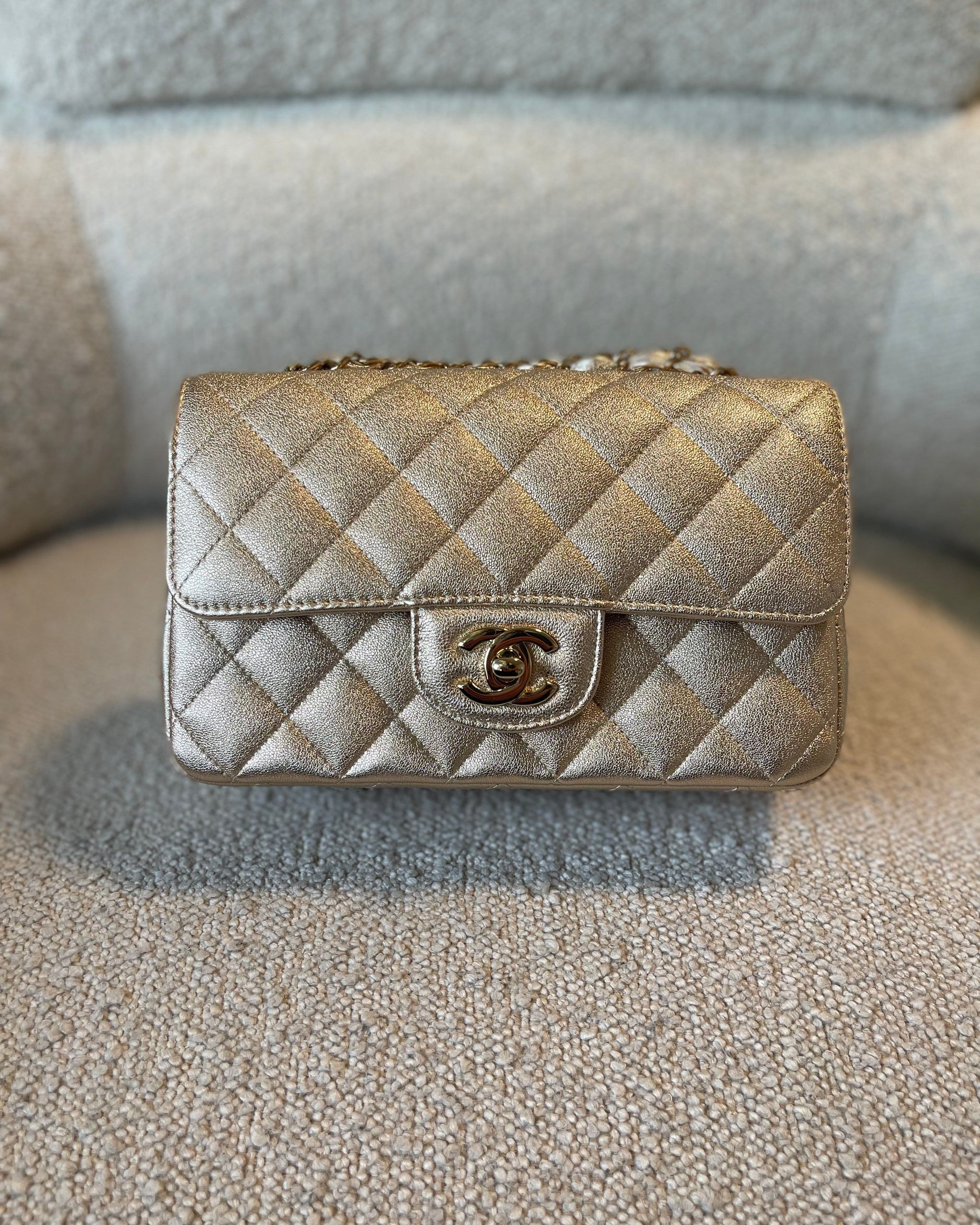 CHANEL Handbag 21P GOLD METALLIC CAVIAR QUILTED MINI RECTANGULAR SINGLE FLAP LIGHT GOLD HARDWARE -Knockoff
