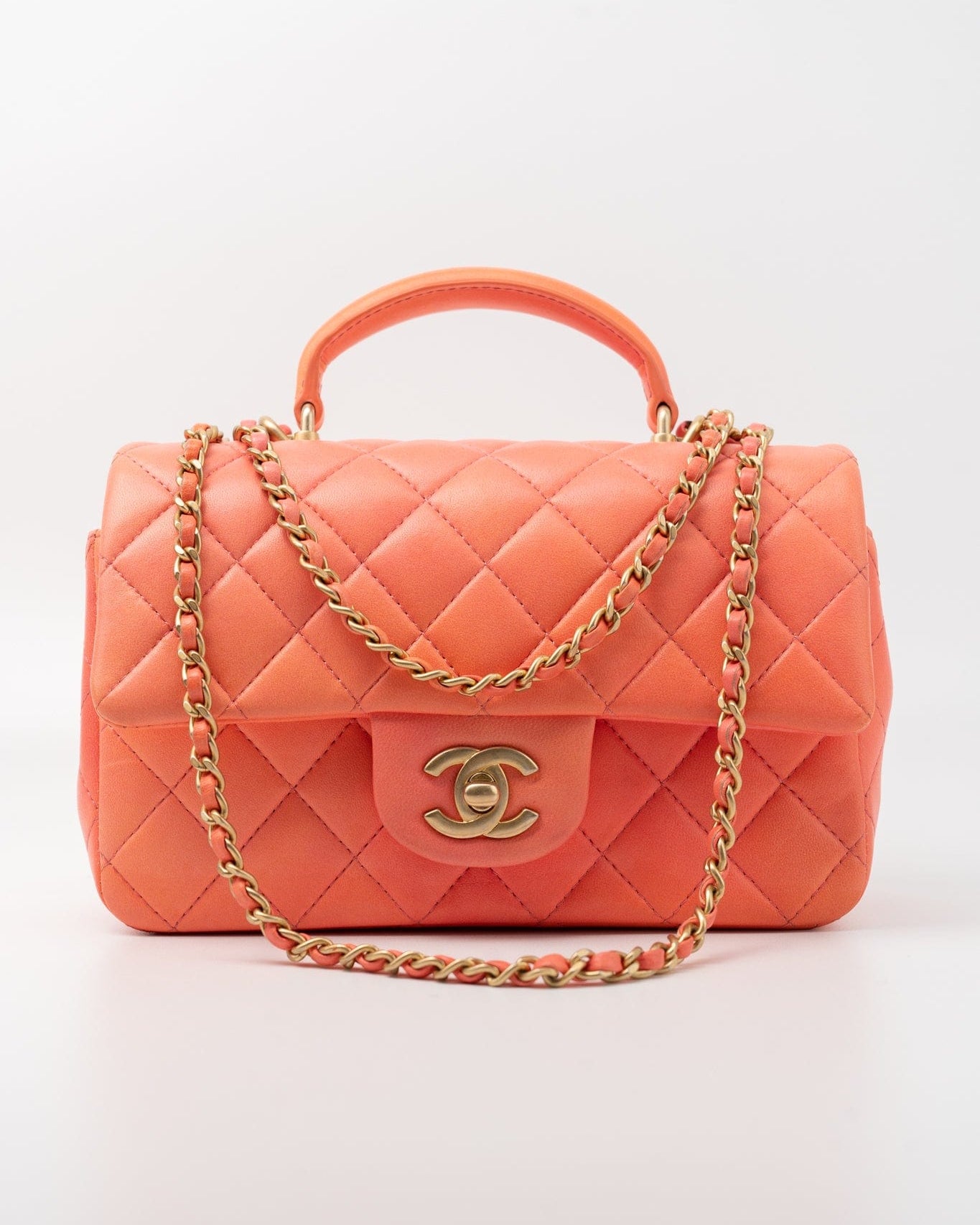 CHANEL Handbag 21P Mini Top Handle Orange Ombre Lambskin Quilted Aged Gold Hardware -Knockoff
