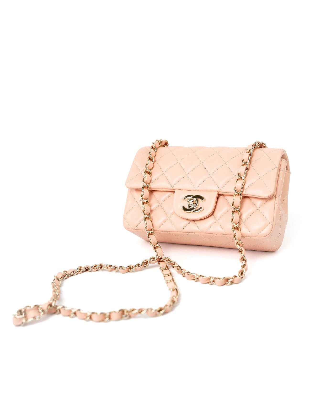 CHANEL Handbag 21P Rose Clair Pink/ Beige Lambskin Quilted Mini Rectangular Flap Light Gold Hardware -Knockoff
