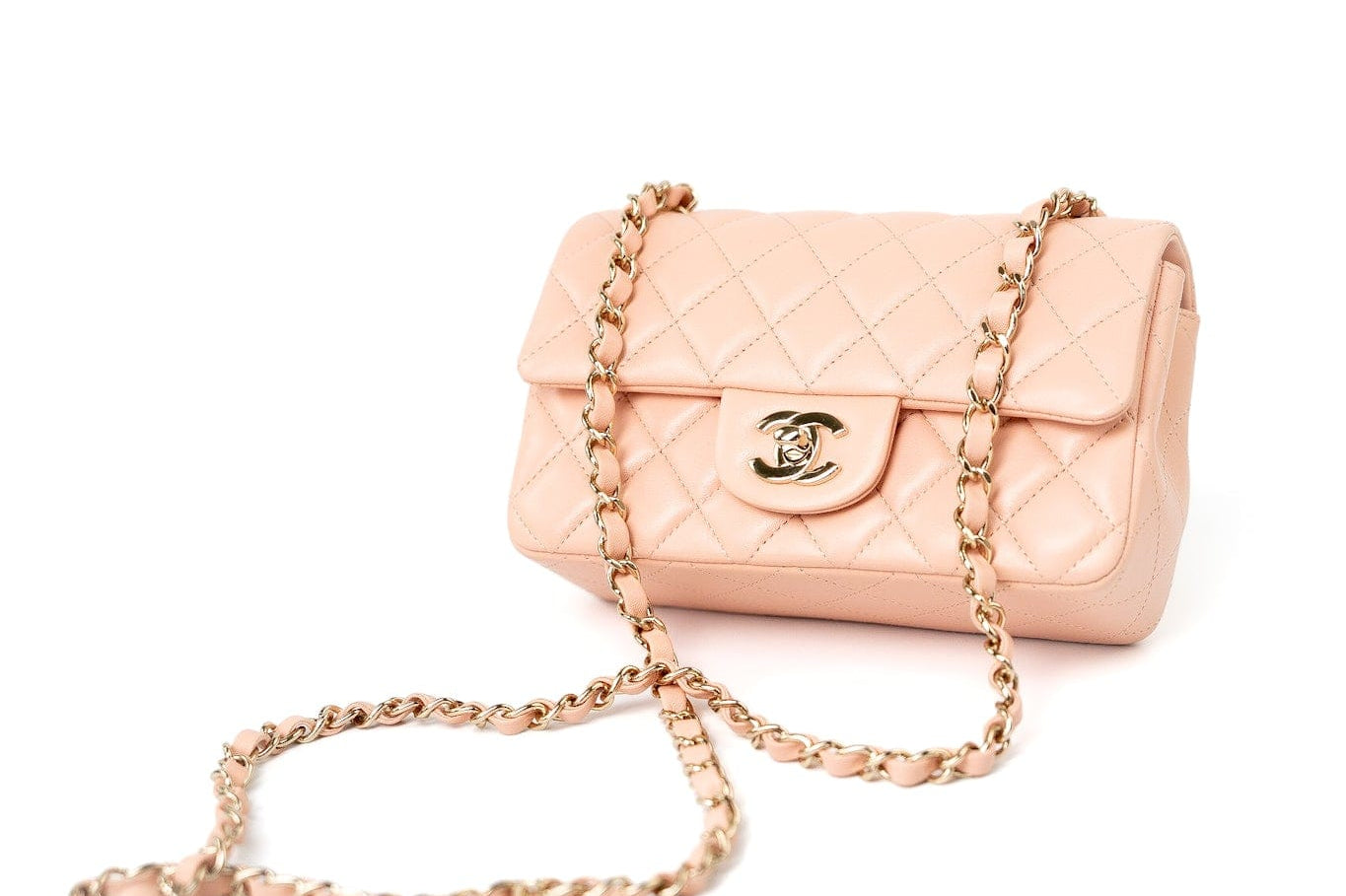 CHANEL Handbag 21P Rose Clair Pink/ Beige Lambskin Quilted Mini Rectangular Flap Light Gold Hardware -Knockoff
