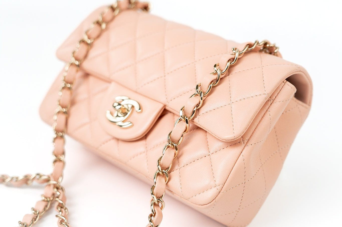 CHANEL Handbag 21P Rose Clair Pink/ Beige Lambskin Quilted Mini Rectangular Flap Light Gold Hardware -Knockoff
