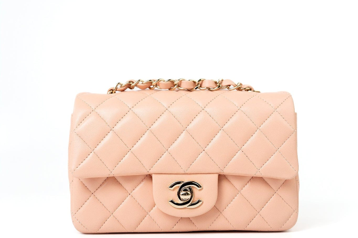 CHANEL Handbag 21P Rose Clair Pink/ Beige Lambskin Quilted Mini Rectangular Flap Light Gold Hardware -Knockoff
