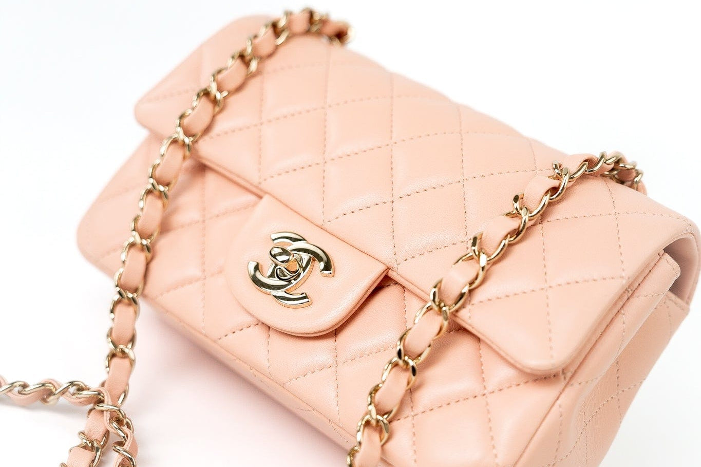 CHANEL Handbag 21P Rose Clair Pink/ Beige Lambskin Quilted Mini Rectangular Flap Light Gold Hardware -Knockoff
