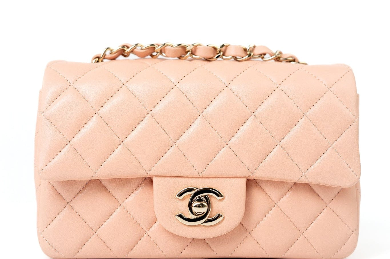 CHANEL Handbag 21P Rose Clair Pink/ Beige Lambskin Quilted Mini Rectangular Flap Light Gold Hardware -Knockoff
