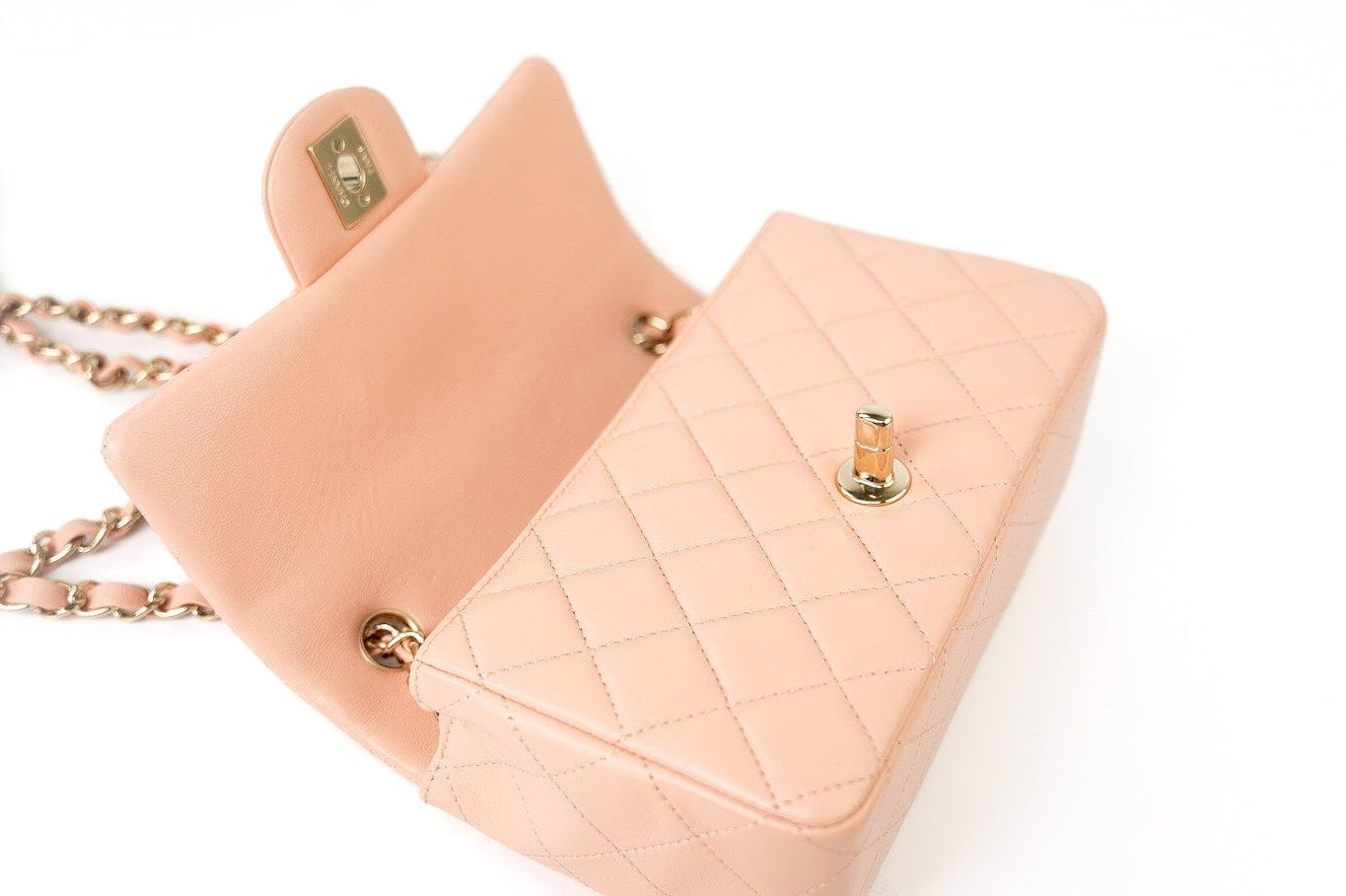 CHANEL Handbag 21P Rose Clair Pink/ Beige Lambskin Quilted Mini Rectangular Flap Light Gold Hardware -Knockoff
