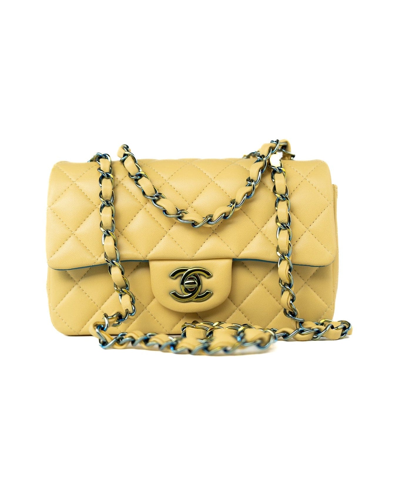 CHANEL Handbag 21P Yellow Lambskin Quilted Mini Rectangular Single Flap Blue Interior / Rainbow Hardware -Knockoff
