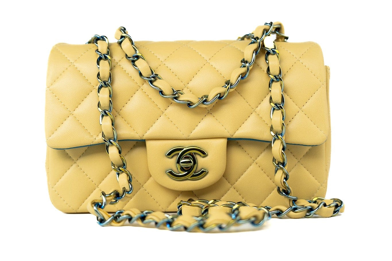 CHANEL Handbag 21P Yellow Lambskin Quilted Mini Rectangular Single Flap Blue Interior / Rainbow Hardware -Knockoff
