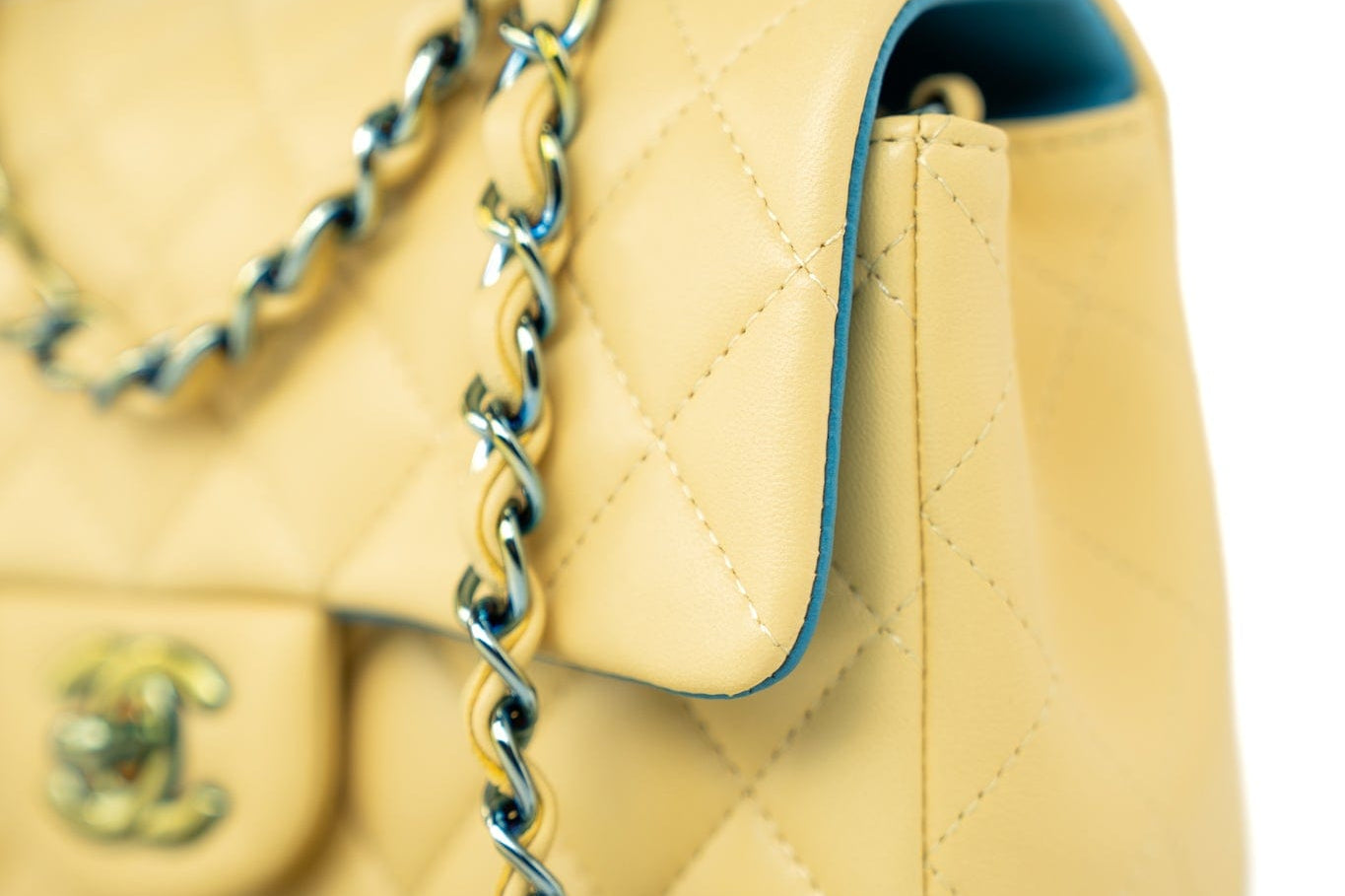 CHANEL Handbag 21P Yellow Lambskin Quilted Mini Rectangular Single Flap Blue Interior / Rainbow Hardware -Knockoff
