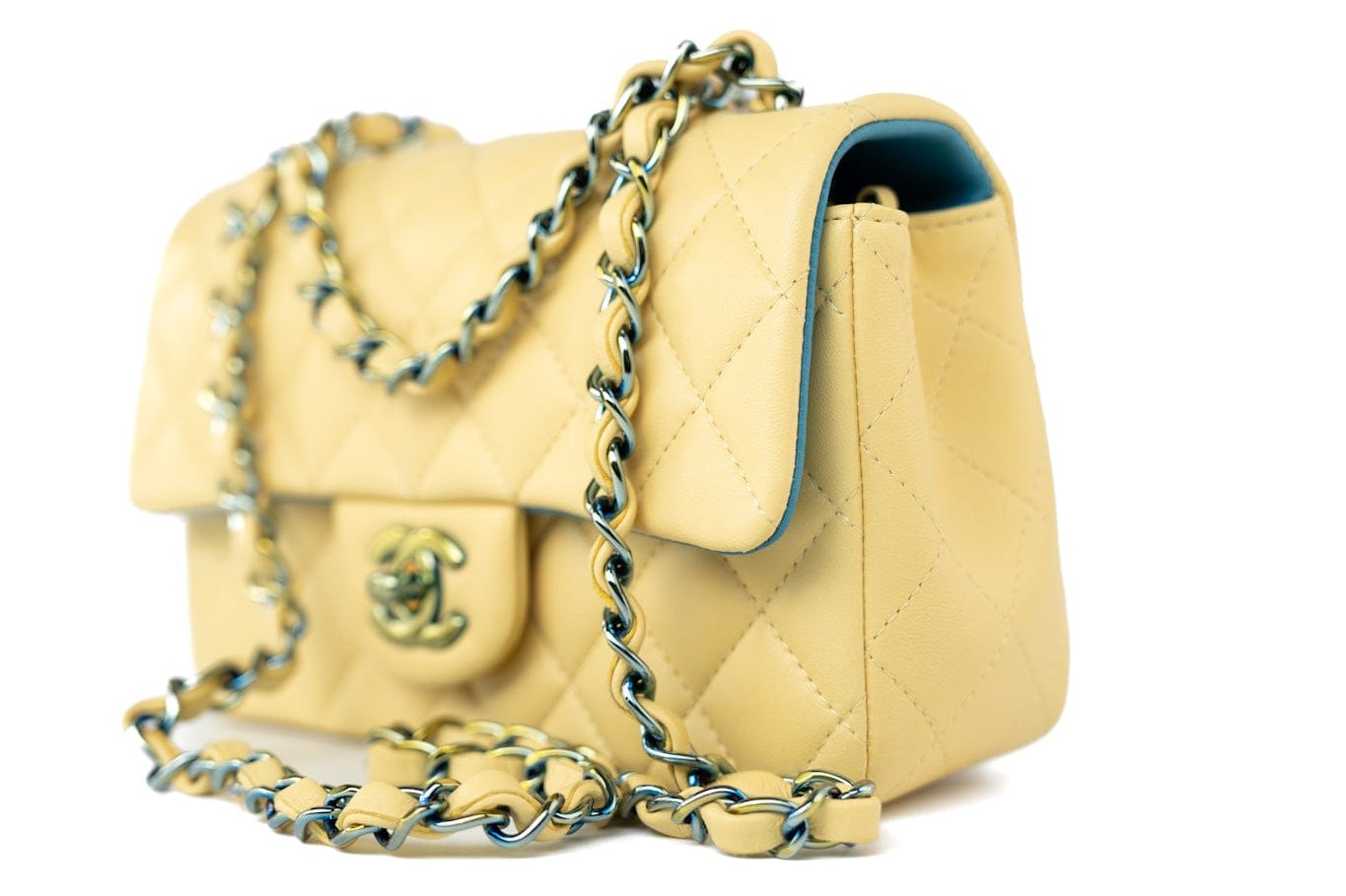 CHANEL Handbag 21P Yellow Lambskin Quilted Mini Rectangular Single Flap Blue Interior / Rainbow Hardware -Knockoff
