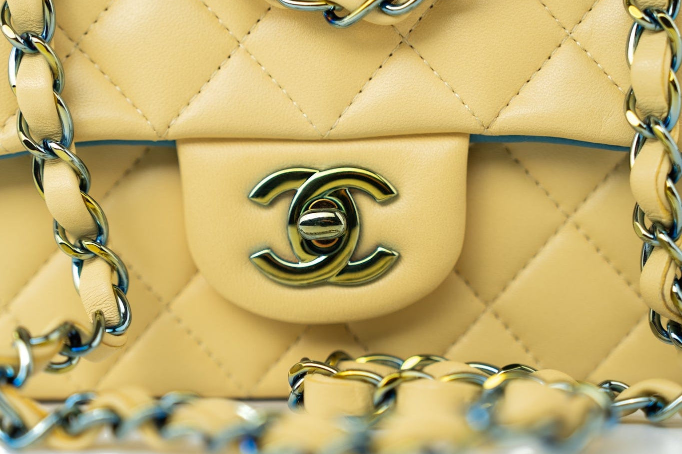 CHANEL Handbag 21P Yellow Lambskin Quilted Mini Rectangular Single Flap Blue Interior / Rainbow Hardware -Knockoff
