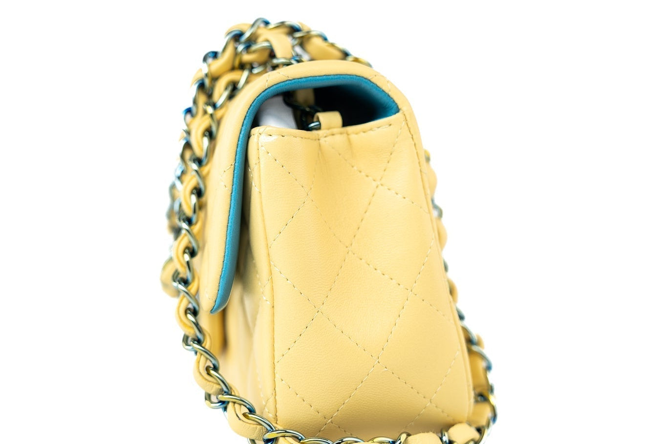 CHANEL Handbag 21P Yellow Lambskin Quilted Mini Rectangular Single Flap Blue Interior / Rainbow Hardware -Knockoff
