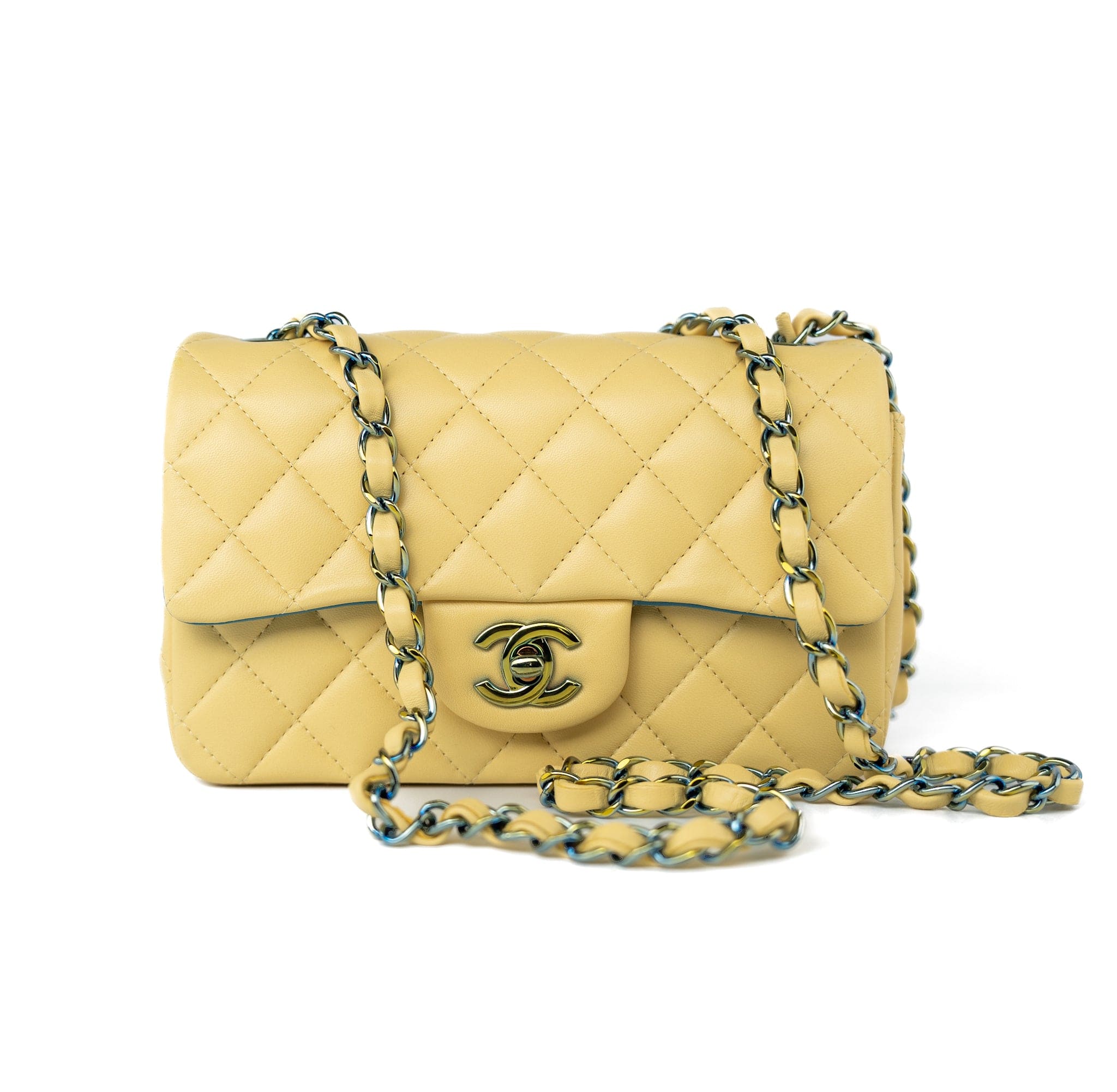 CHANEL Handbag 21P Yellow Lambskin Quilted Mini Rectangular Single Flap Blue Interior / Rainbow Hardware -Knockoff
